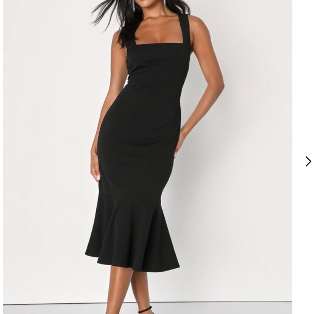 Moment Maker Black Square Neck Trumpet Midi Dress